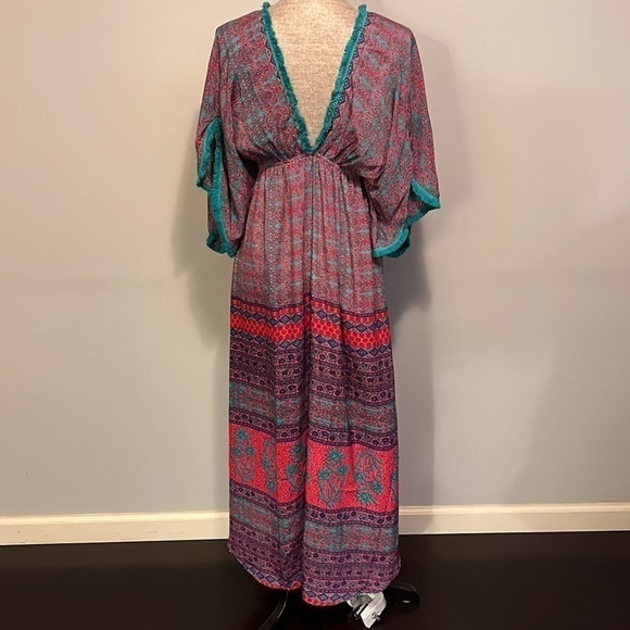 Patterned Maxi Dress in Red, teal and purple in size medium silk blend.  Fringe - Picture 4 of 15